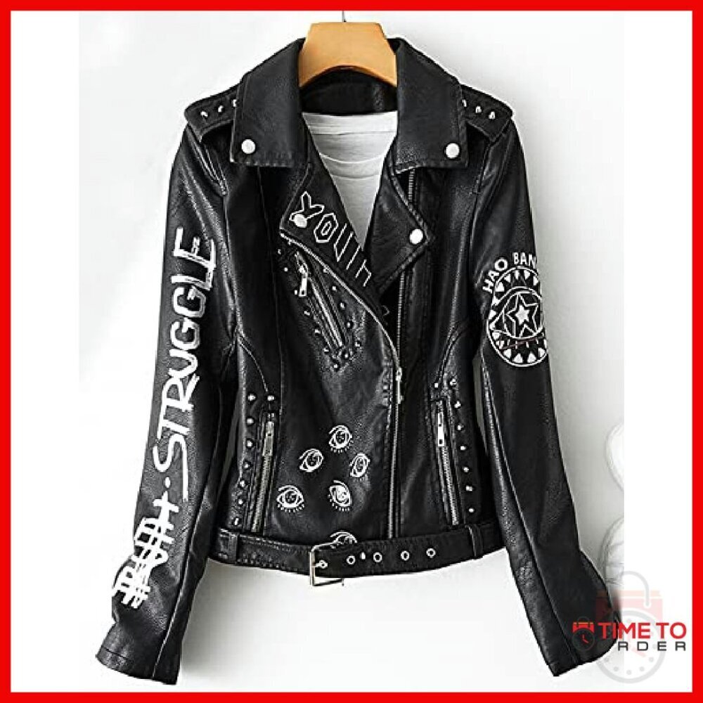 Faux Leather Biker Jacket with Belt, Punk Style, Sizes S-XL - Picture 6 of 8